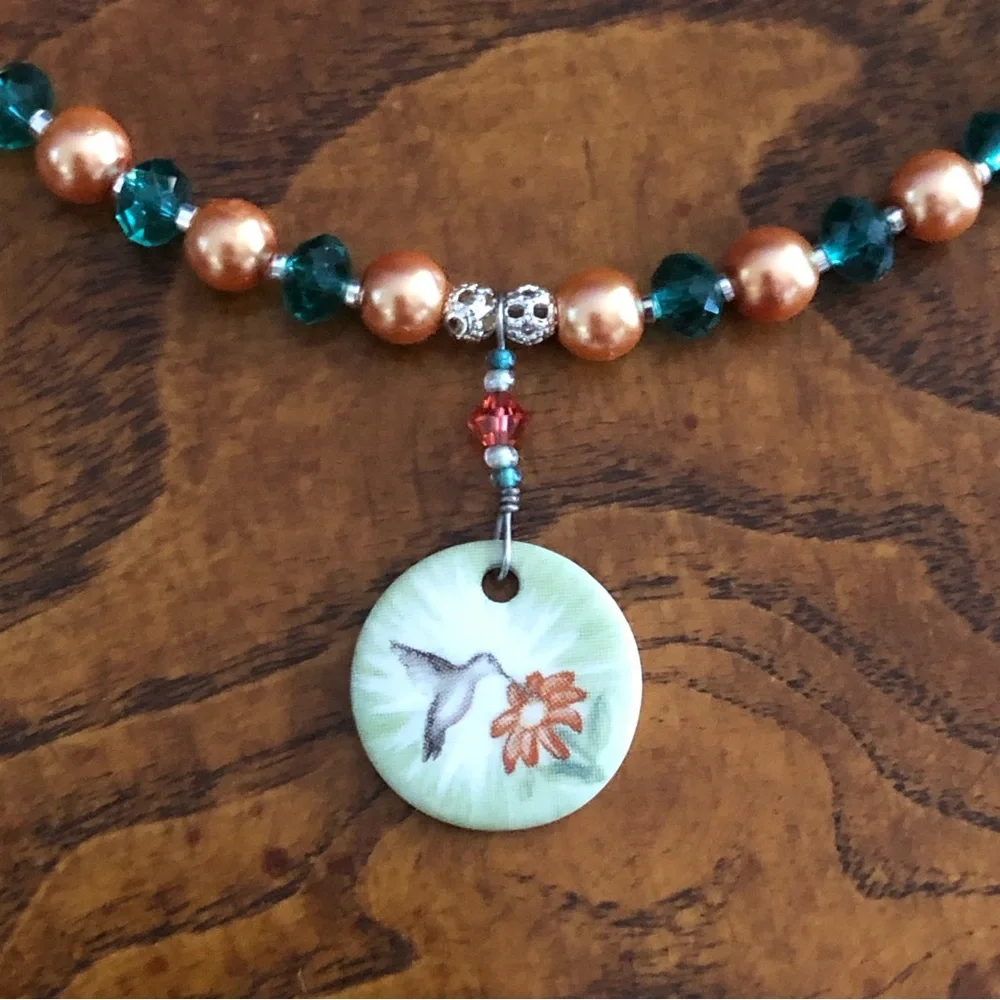 Handcrafted repurpose porcelain hummingbird disc Czech glass pearl necklace